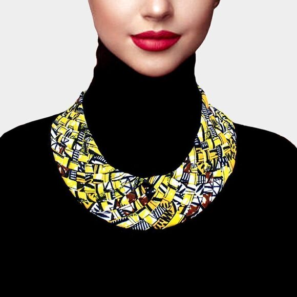 Braided Patterned Yellow Fabric Bib Necklace NWT - Picture 1 of 5
